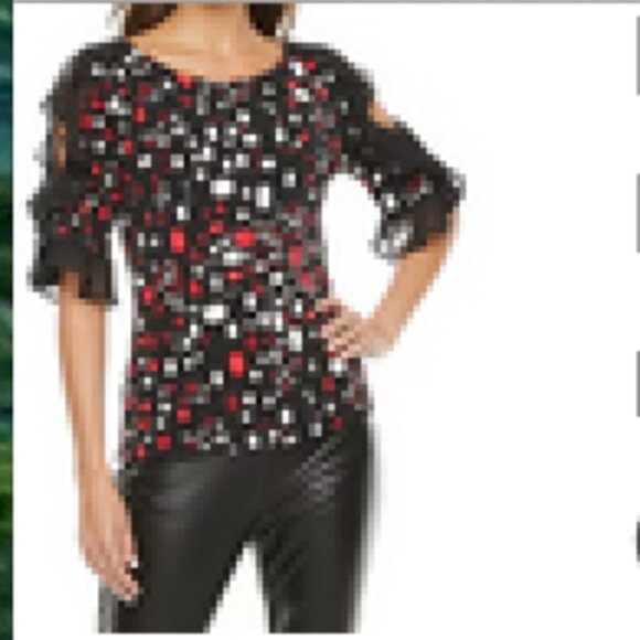 Bold Elements Black Red White Ruffled Blouse "Family Jewels"  Large NWT - Picture 1 of 13